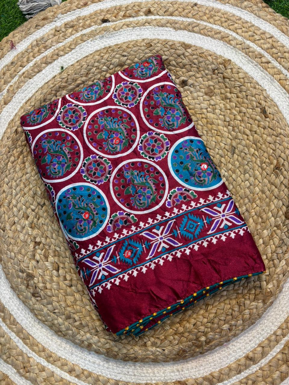 Moss Silk Saree with Embroidery Work & Warli Print