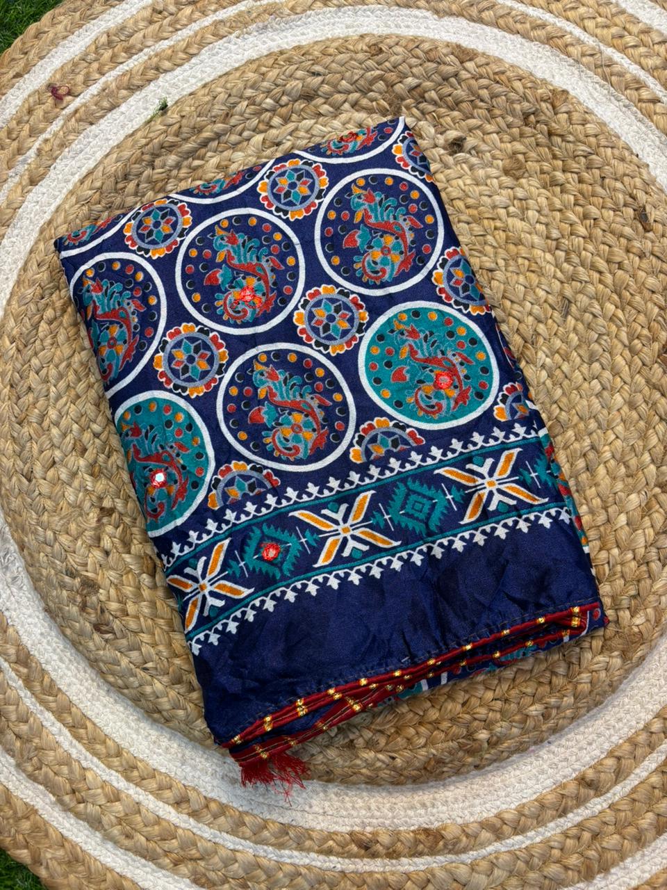 Moss Silk Saree with Embroidery Work & Warli Print