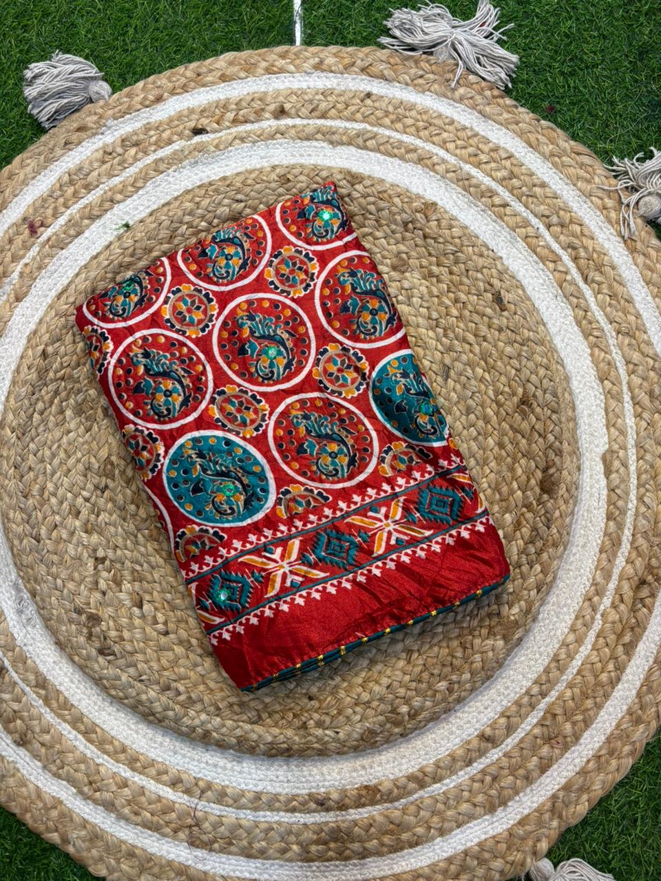 Moss Silk Saree with Embroidery Work & Warli Print
