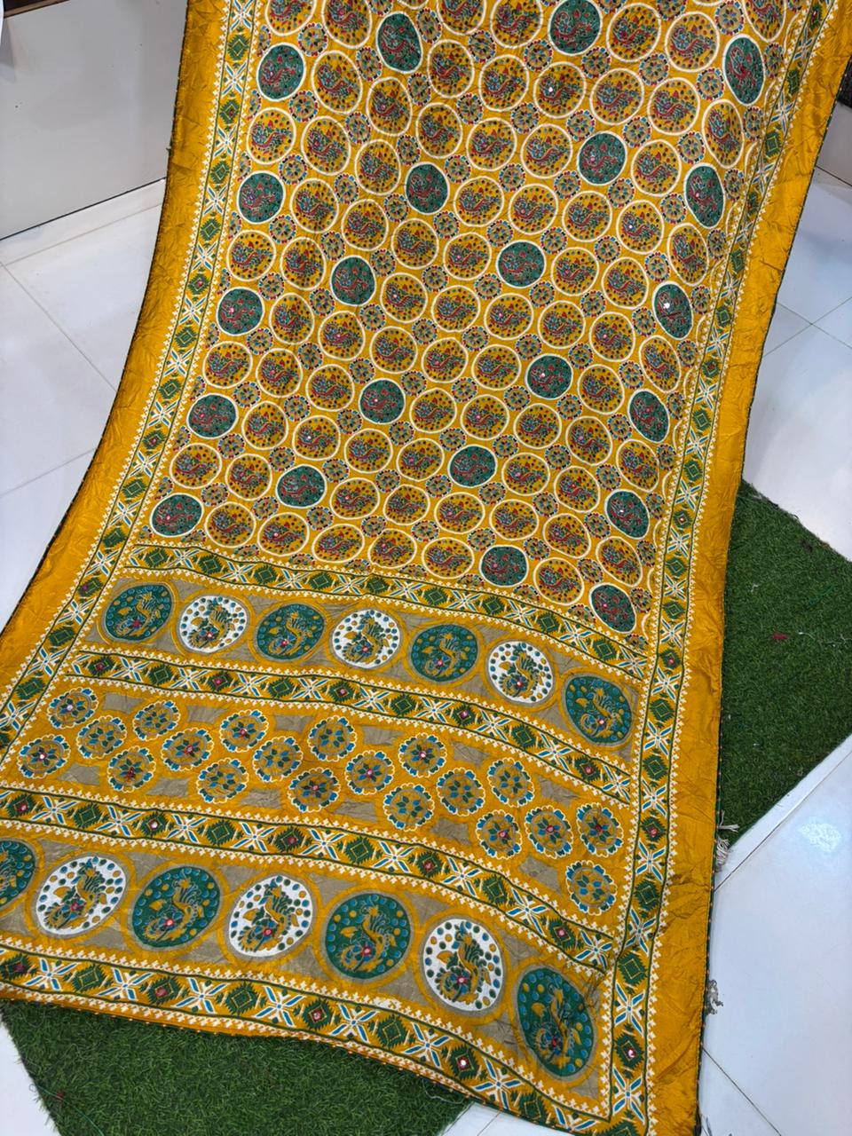 Moss Silk Saree with Embroidery Work & Warli Print