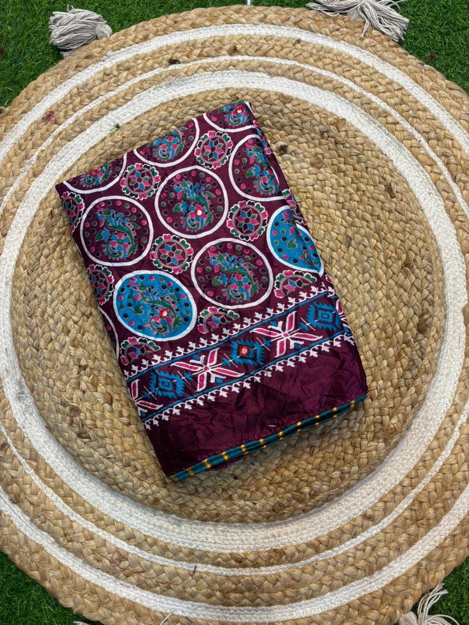 Moss Silk Saree with Embroidery Work & Warli Print