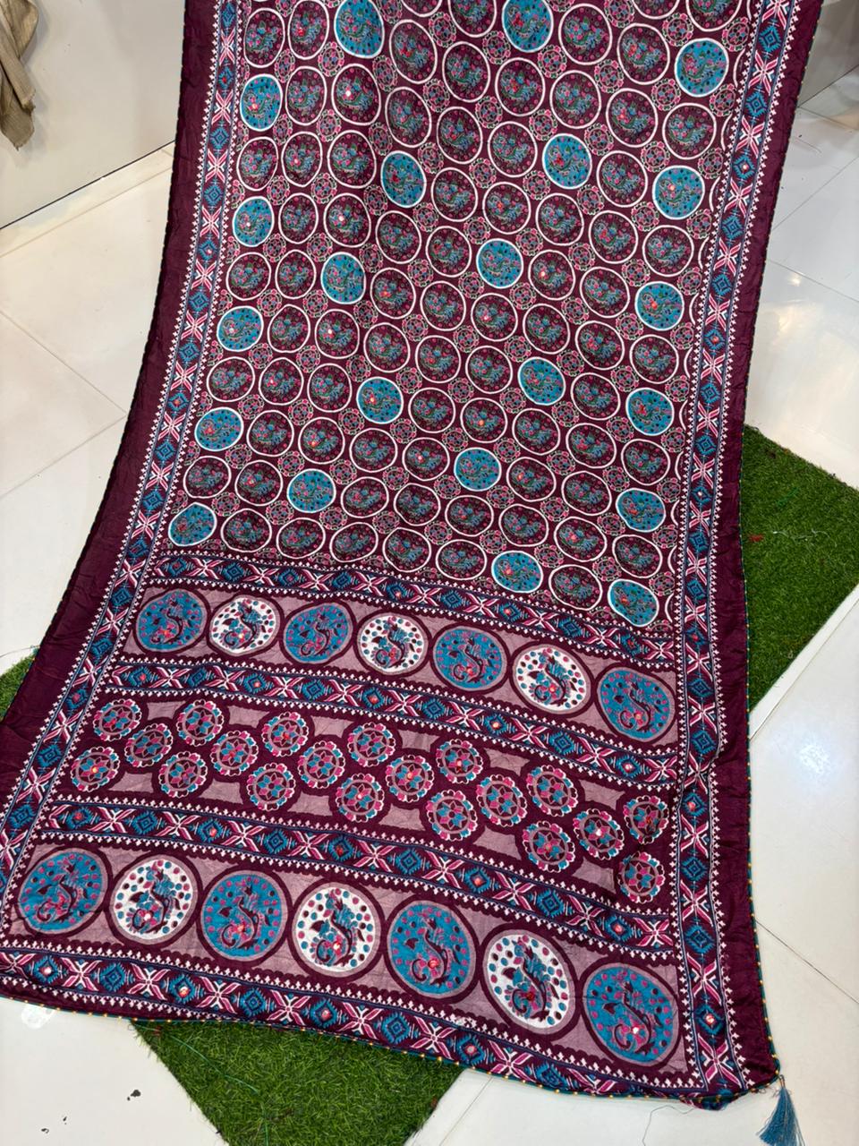 Moss Silk Saree with Embroidery Work & Warli Print