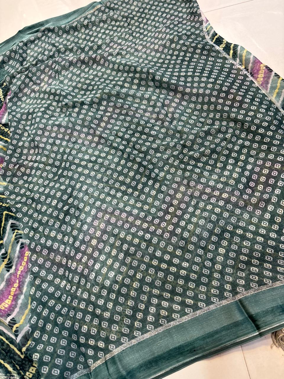 Moss Chiffon Lehriya Saree with Satin Border