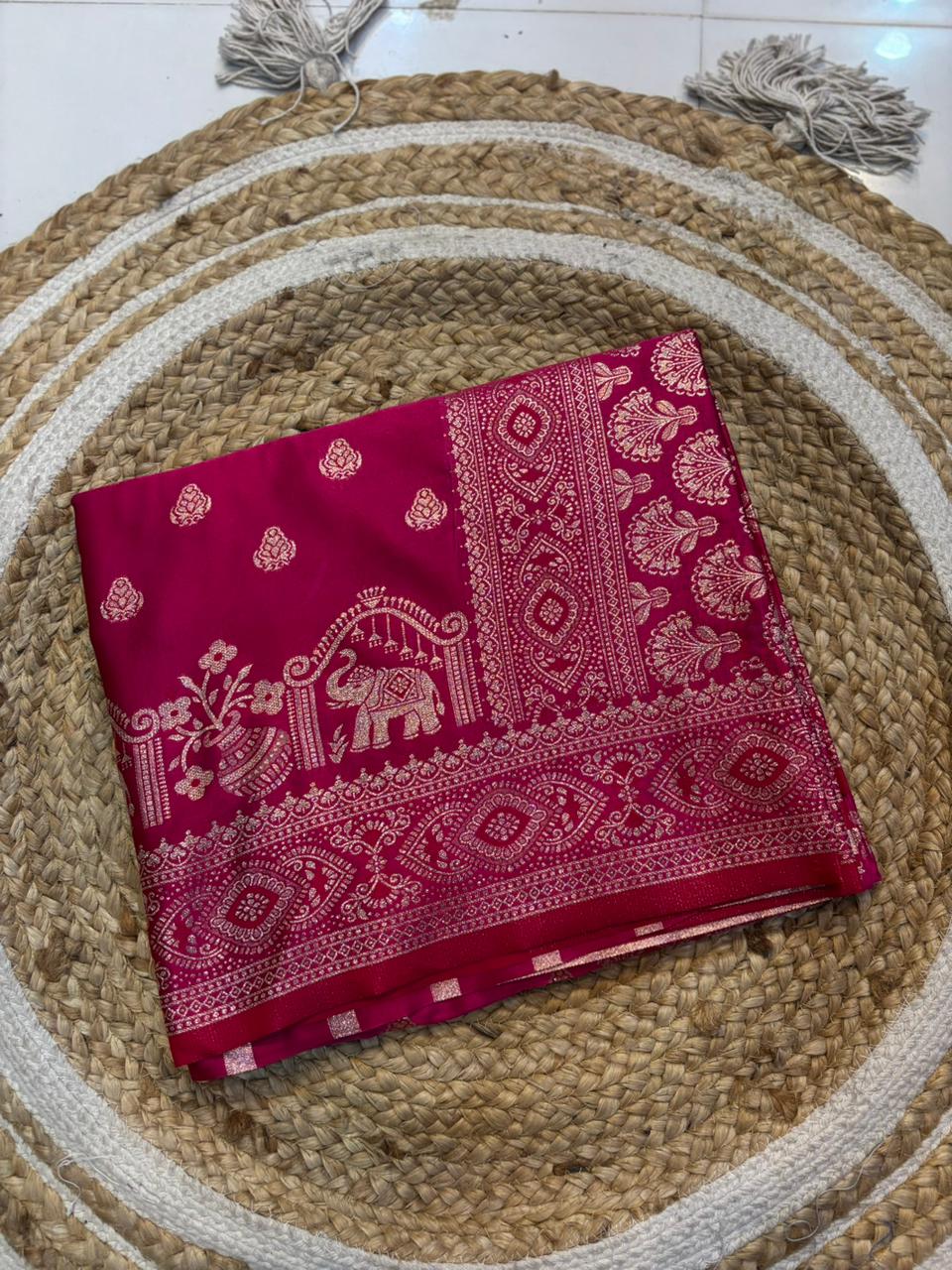 Soft Satin Silk Kathpadar Saree with Zari Work