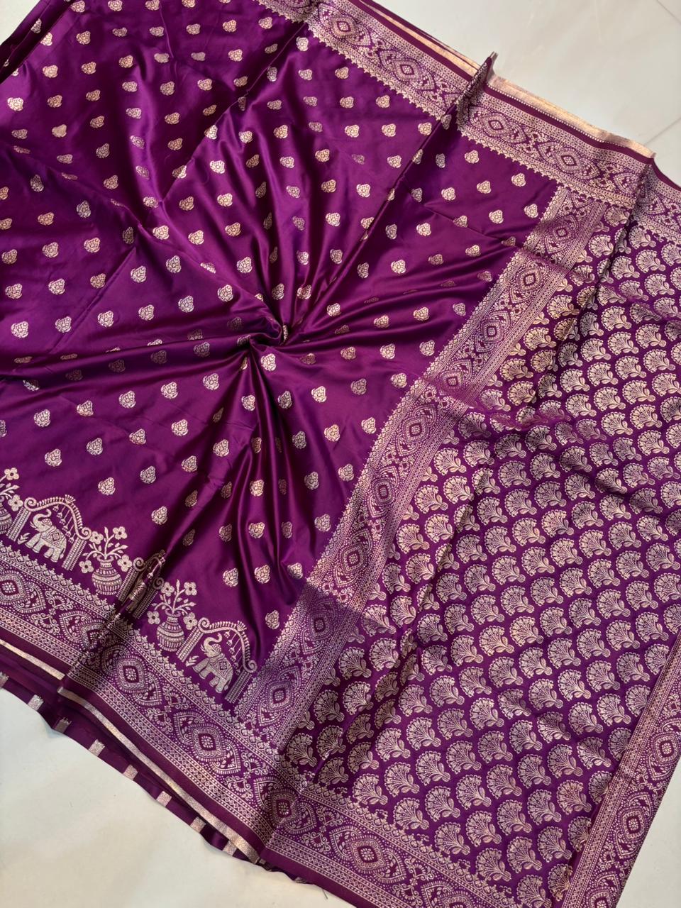 Soft Satin Silk Kathpadar Saree with Zari Work